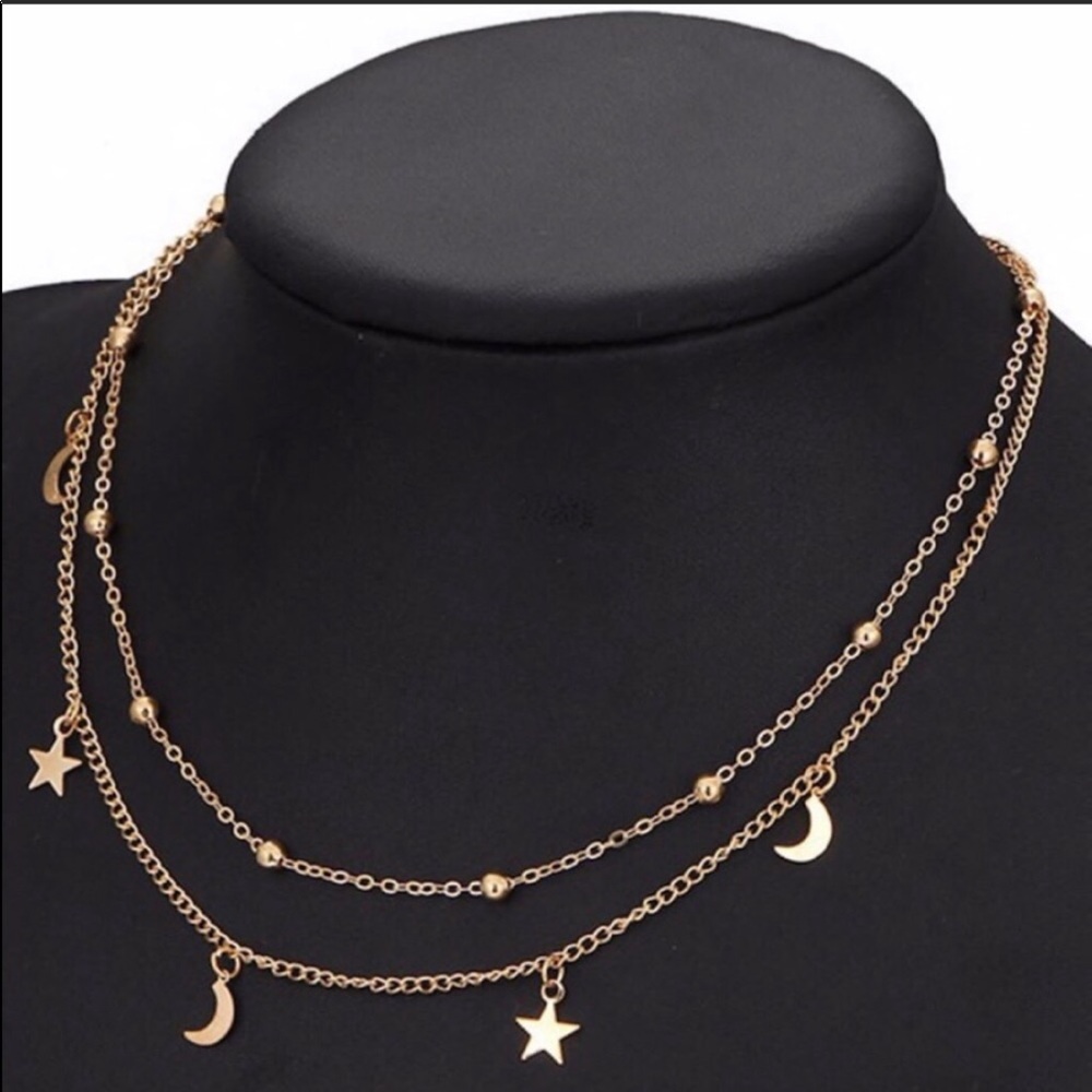 Gold layered star and moon choker